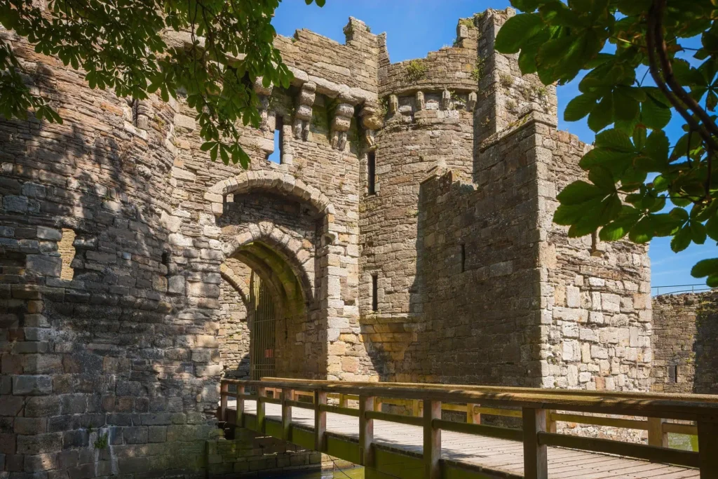 Conwy Valley Getaway | 50645 ncx kc01 1617 0198 web optimised 1920px The wooden bridge leading across the wide, water-filled moat to the arched stone entrance gate of Beaumaris Castle, known as the 'Gate next the Sea'