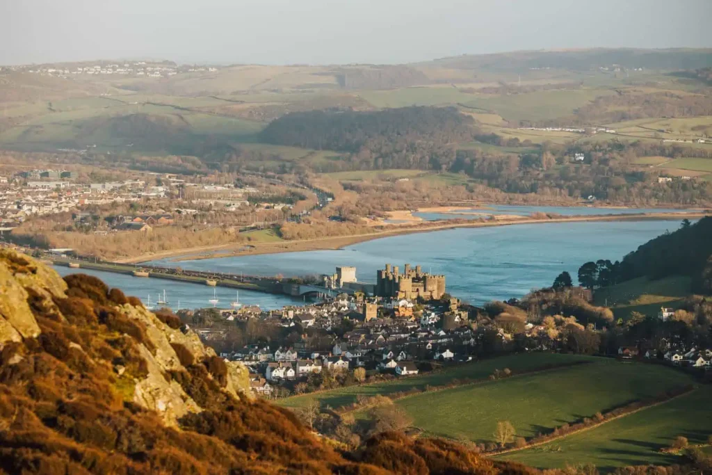 View from Conwy Mountain looking down towards Conwy town, the medieval castle and the estuary