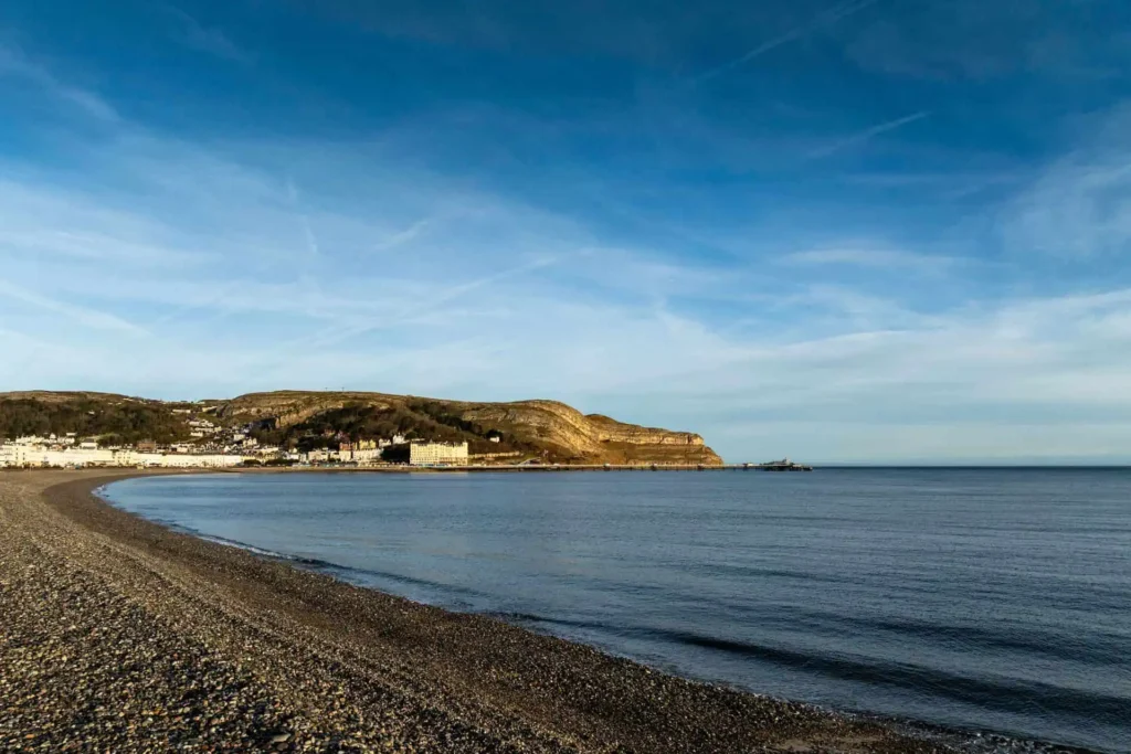 Sweeping view across Llandudno Beach towards the pier with the Great Orme headland beyond