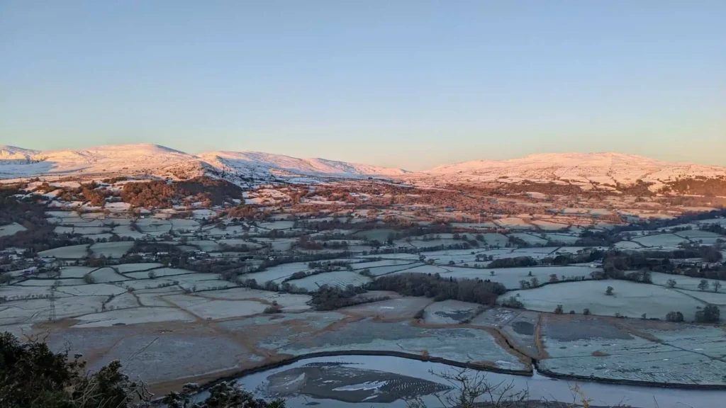 Conwy Valley Getaway | conwy valley in winter An aerial view of the Conwy Valley at sunrise on a winter's day