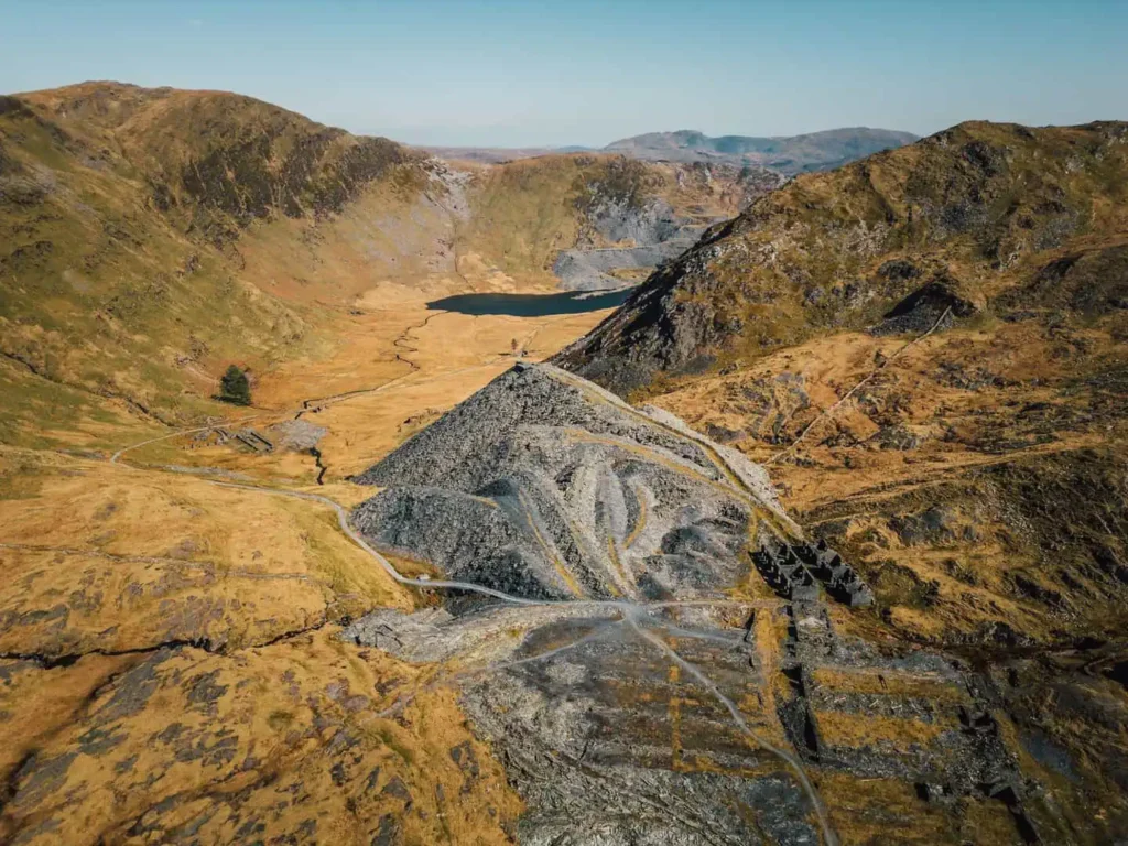 Conwy Valley Getaway | 743024 nvw h126 2526 0072 web optimised 1920px Aerial view of Cwmorthin Quarry is an abandoned slate quarry in North Wales, known for its dramatic ruins and scenic setting near Blaenau Ffestiniog