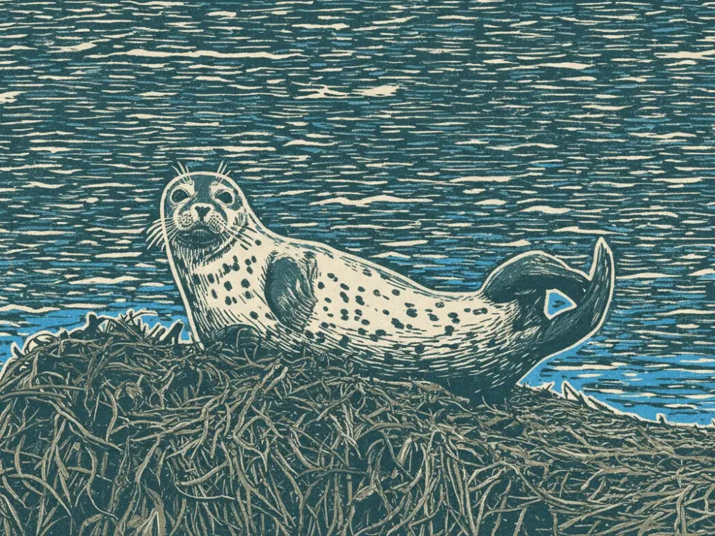 Grey seal in a linocut art style