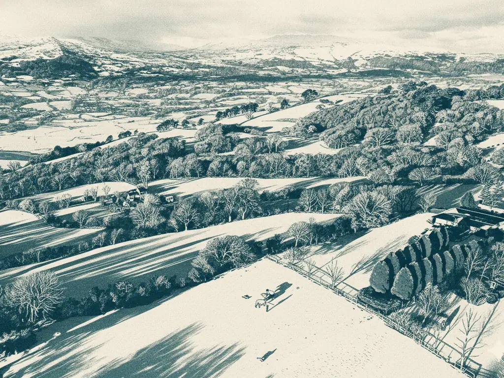 aerial view of holiday cottages in winter in a linocut style