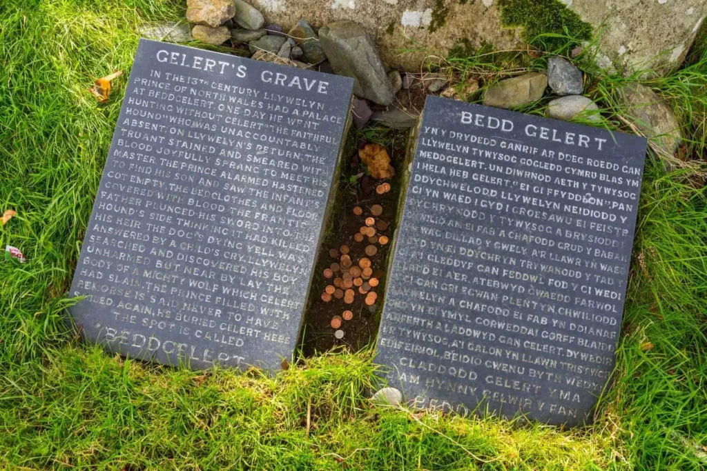 Pair of slate slabs with the story of Gelert inscribed on it in English and Welsh