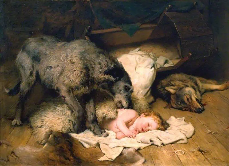 An illustration from Reading Museum showing the legend of the dog Gelert, protecting the baby from a wolf.