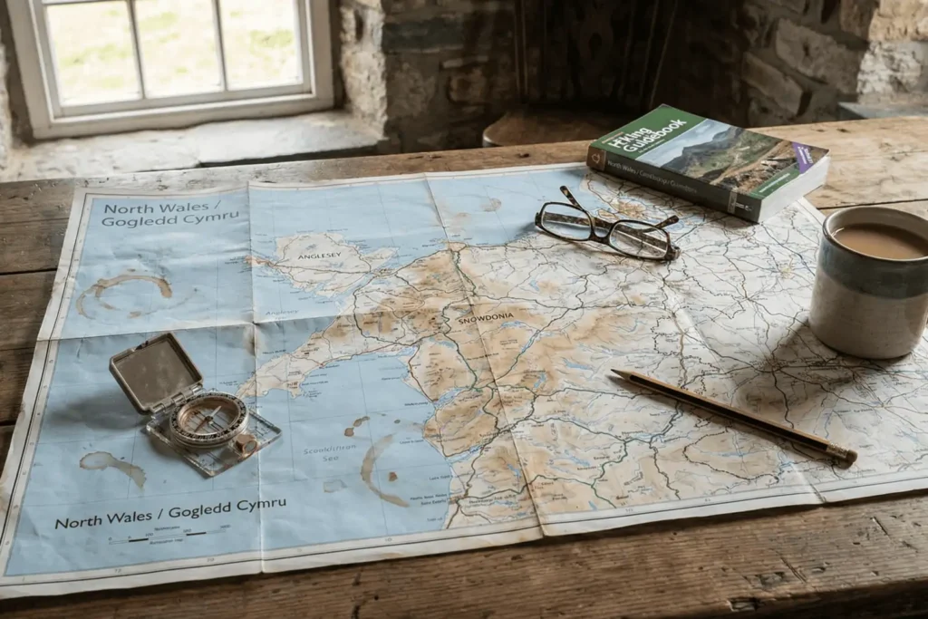 Conwy Valley Getaway | Gemini Generated Image o7i10go7i10go7i1 Map of North Wales open on a table with mug of coffee and compass