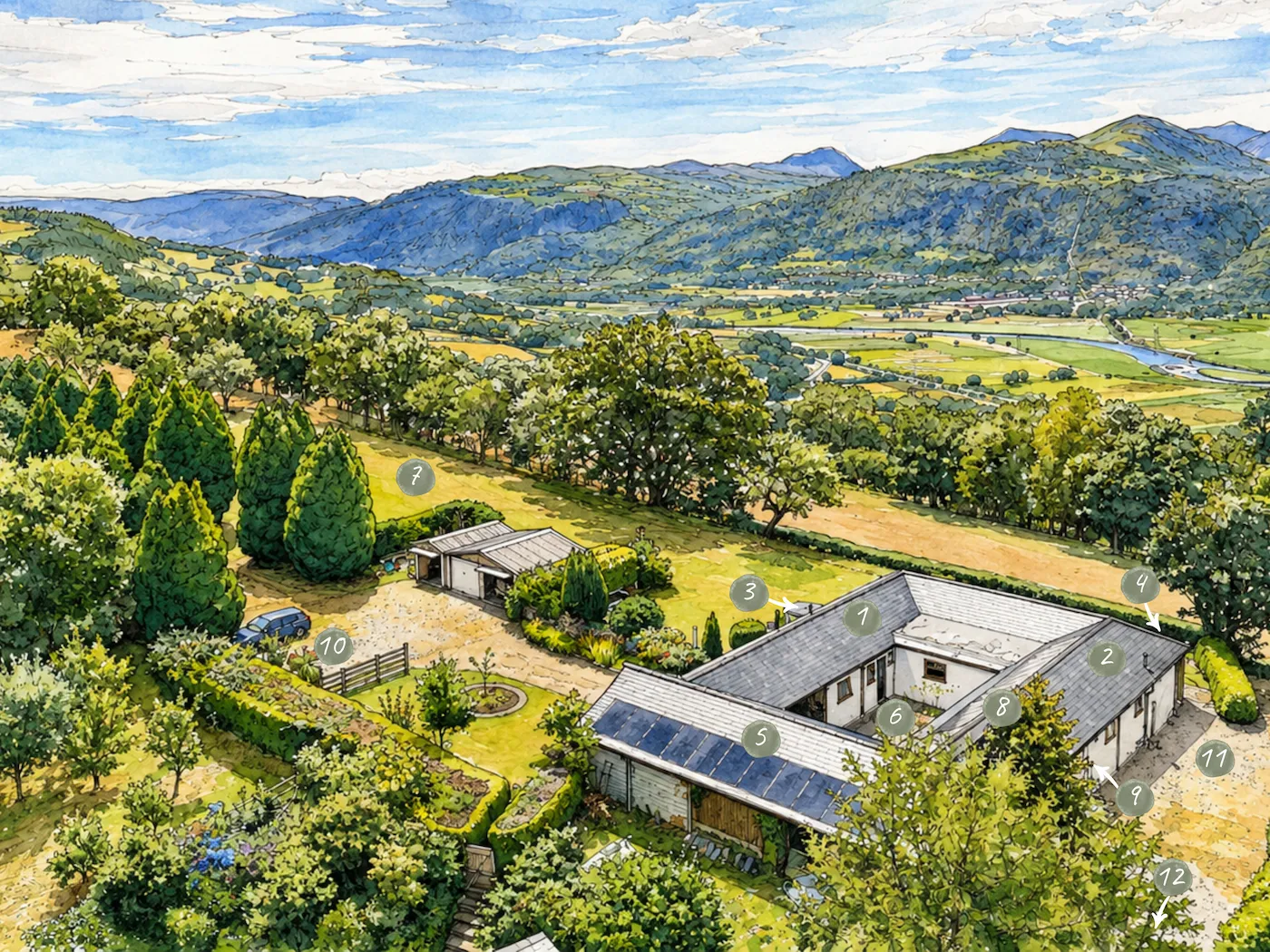 Illustrated aerial view of Fig Tree and Laurel cottages showing the courtyard, garden, pool, hot tubs and parking